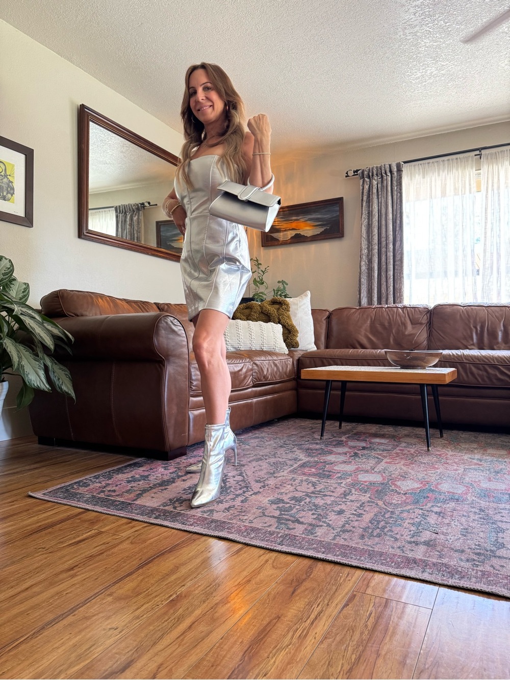 Silver Metallic Mini Dress, Boots and Clutch HALLOWEEN